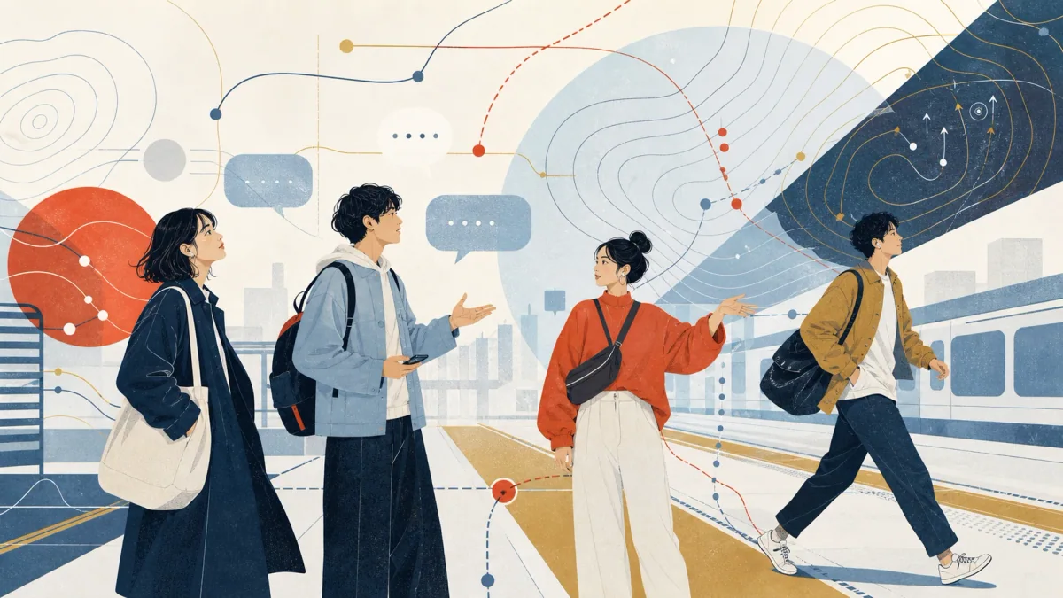 駅のホームを思わせる空間で、若者たちと気象の等圧線、会話の気配を表すイラスト